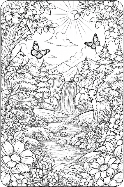 Printable Forest Waterfall Friends colouring page for kids
