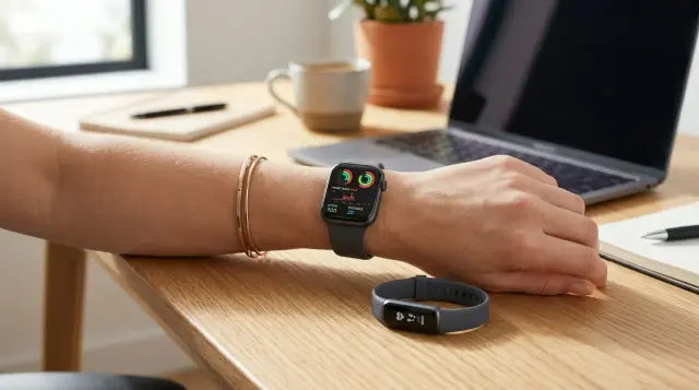 Smartwatch on wrist beside fitness tracker on wooden desk in warm natural light