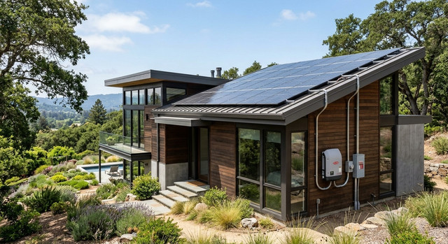 Impianto fotovoltaico installato sul tetto di una casa moderna.
