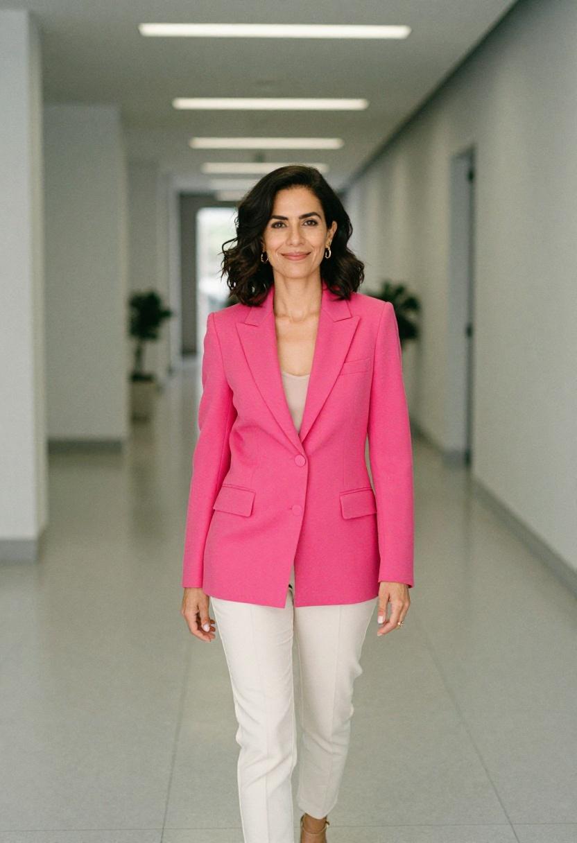Two women over 50 in tangerine and teal bold color office outfits