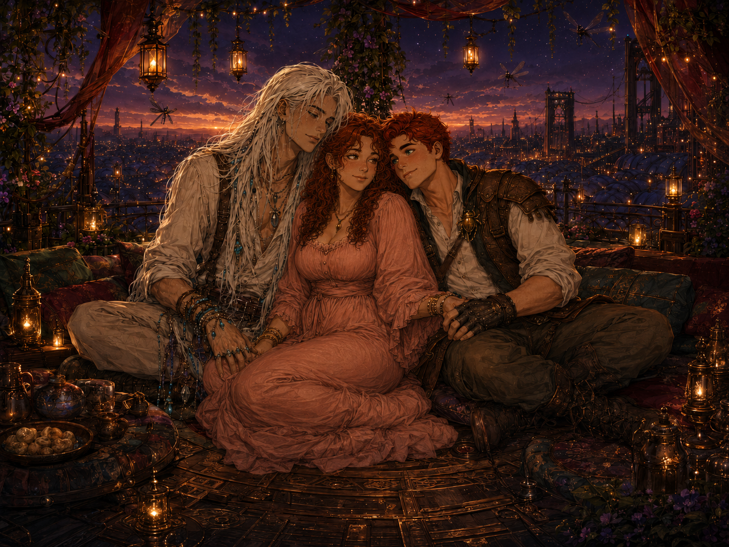 Landon, Mochi, and Auggie sitting together at sunset in a warm, lantern-lit space.