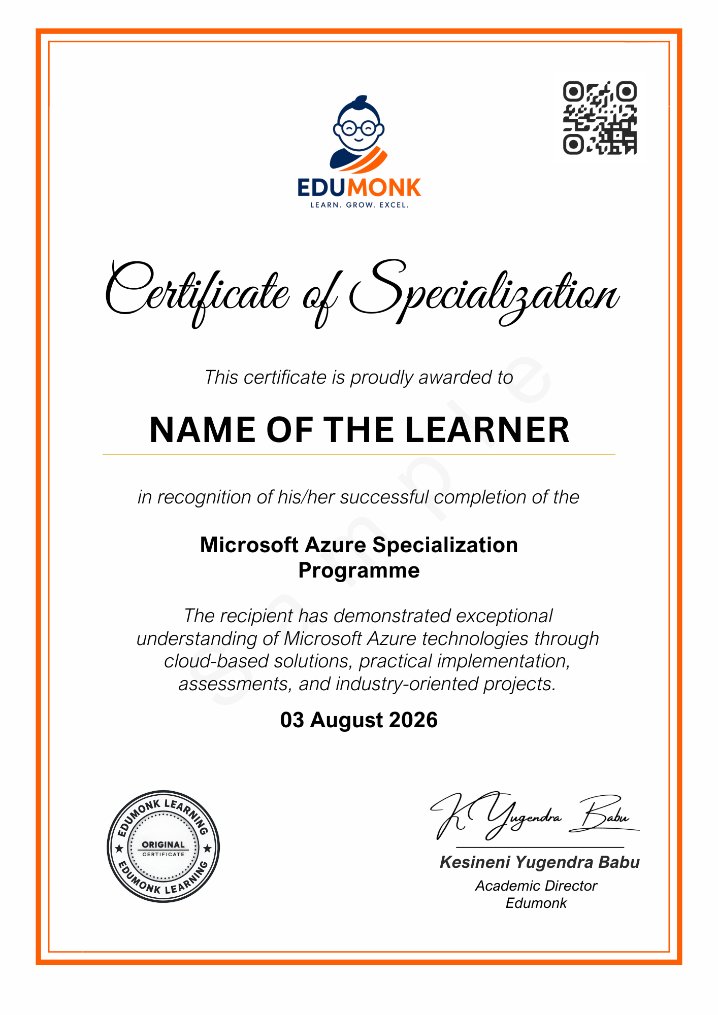 Sample EduMonk Microsoft Azure Certificate of Specialisation showing the programme credential layout