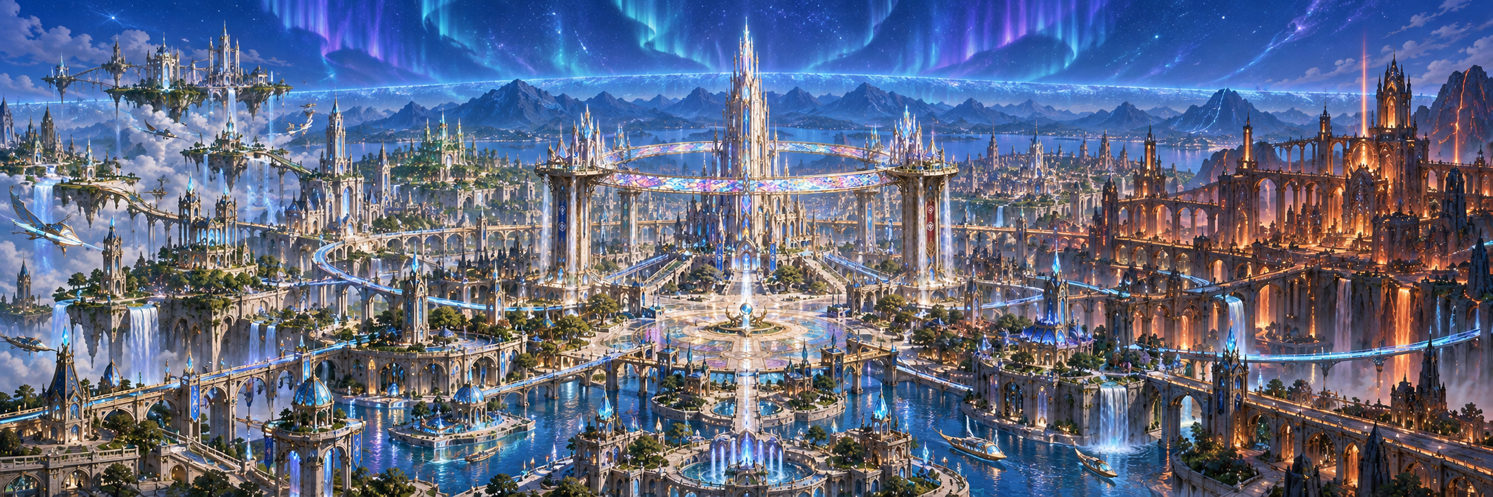 The skyline of Aether City beneath the Aurora Barrier.