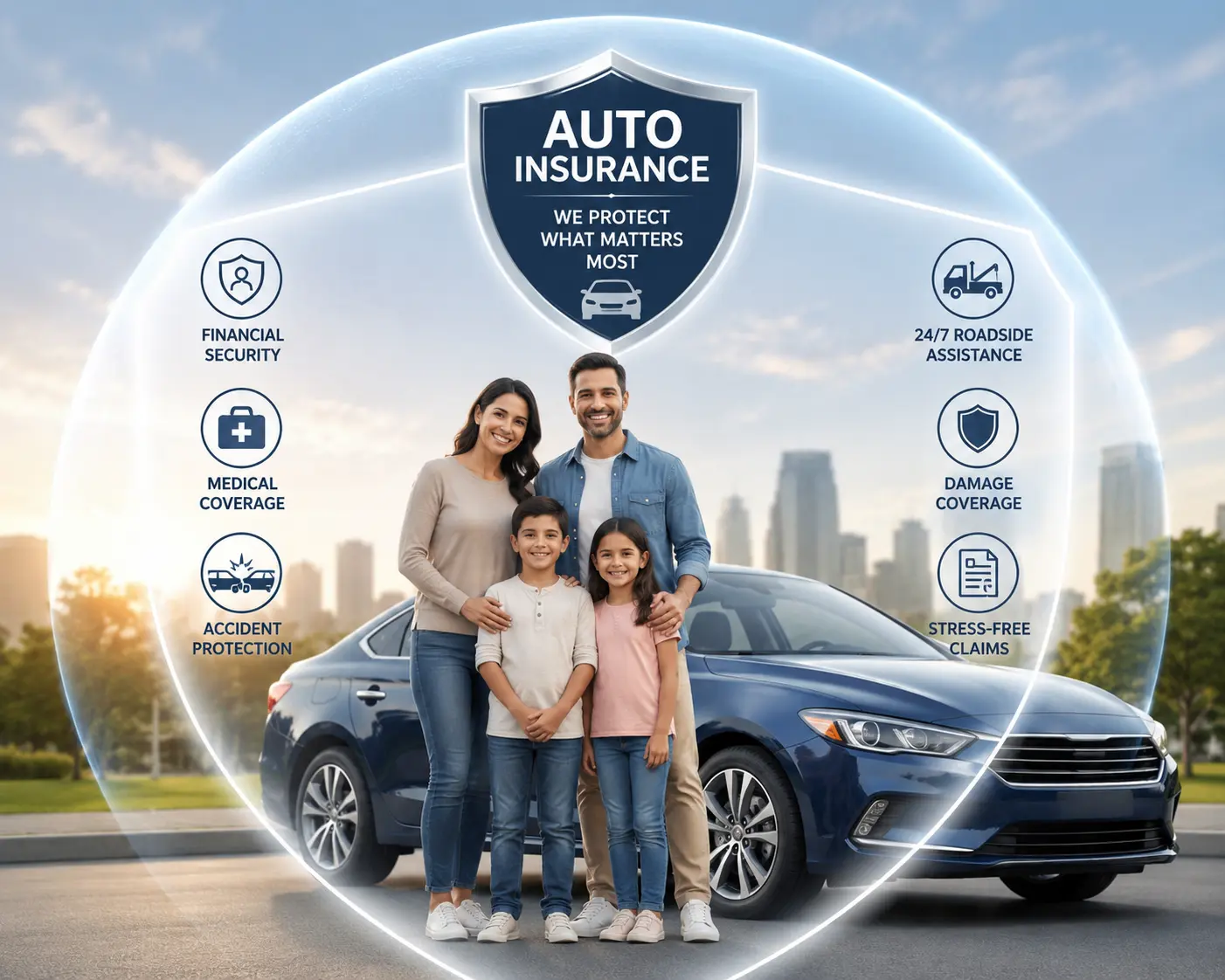 Happy family with car insurance protection