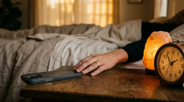Smartphone face-down on nightstand beside warm lamp, hand reaching toward analog clock, serene bedtime mood