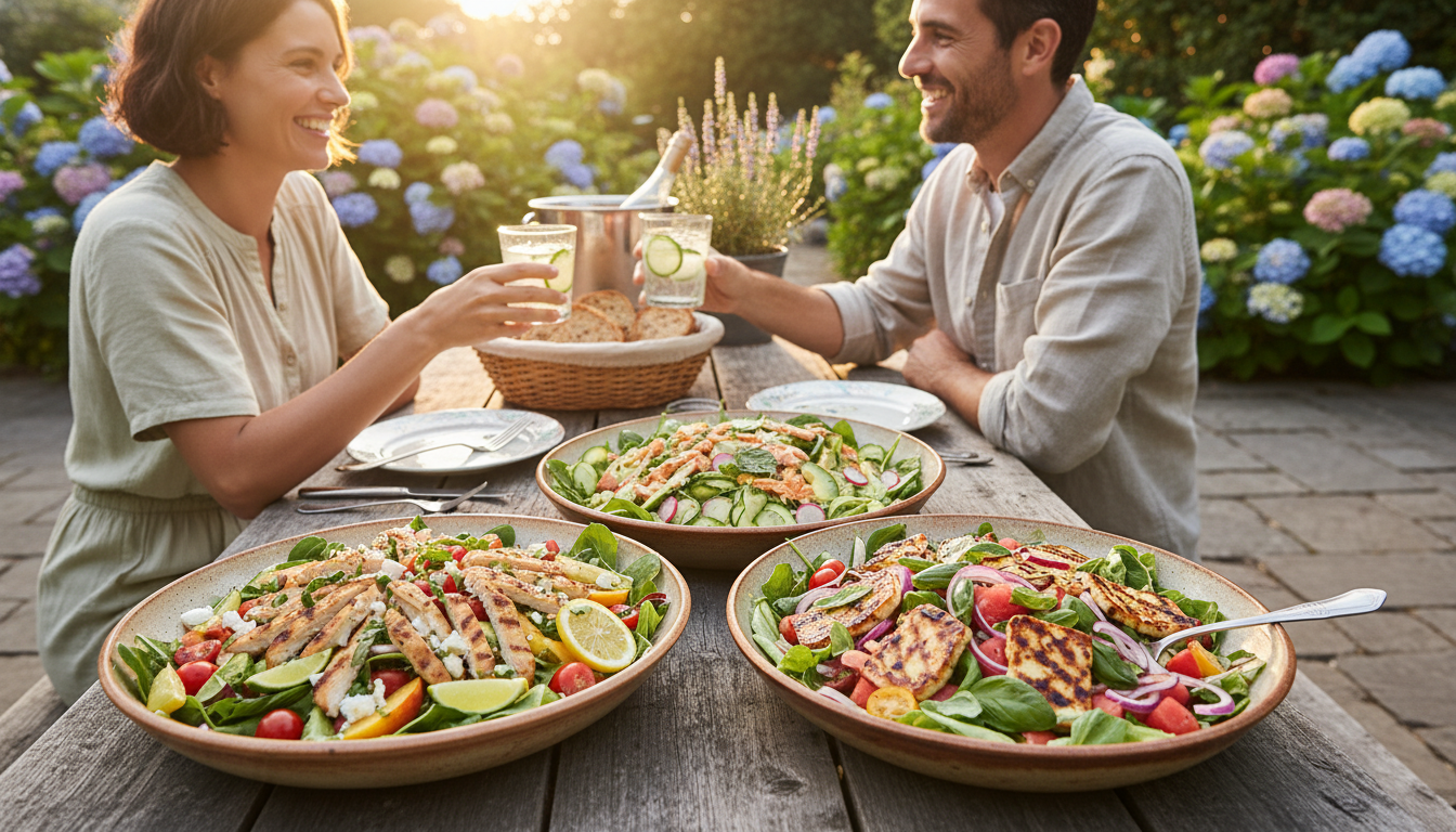 Fresh summer salad bowls with vegetables and grilled protein for easy dinner ideas