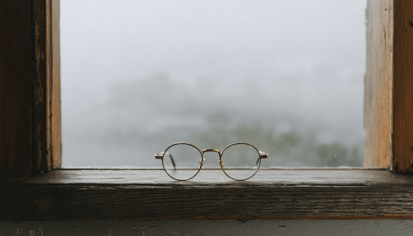 A pair of antique brass reading glasses resting on a windowsill, the view beyond dissolving into thick grey coastal fog.