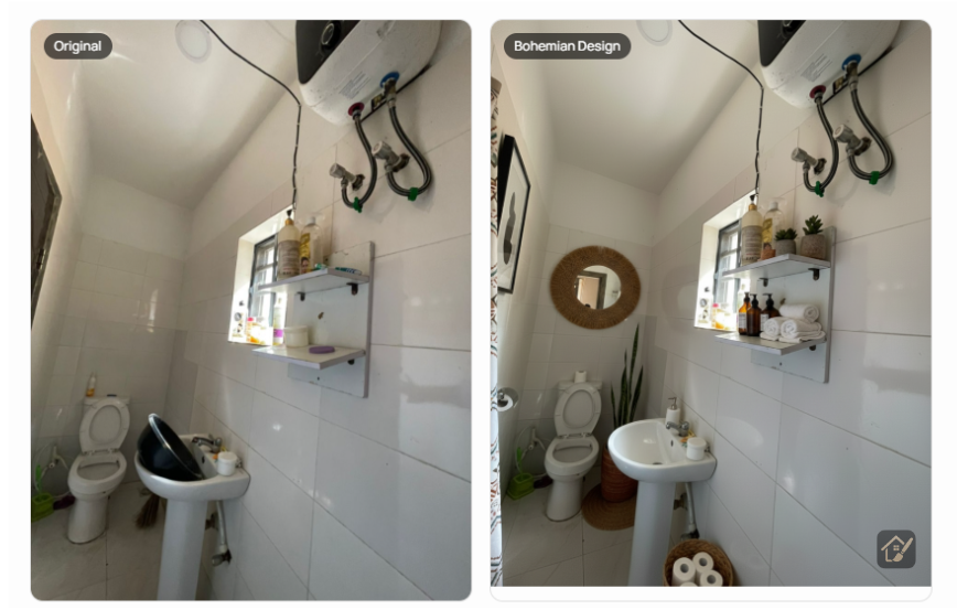 bohemian bathroom redesign before and after small bathroom styling ideas AI