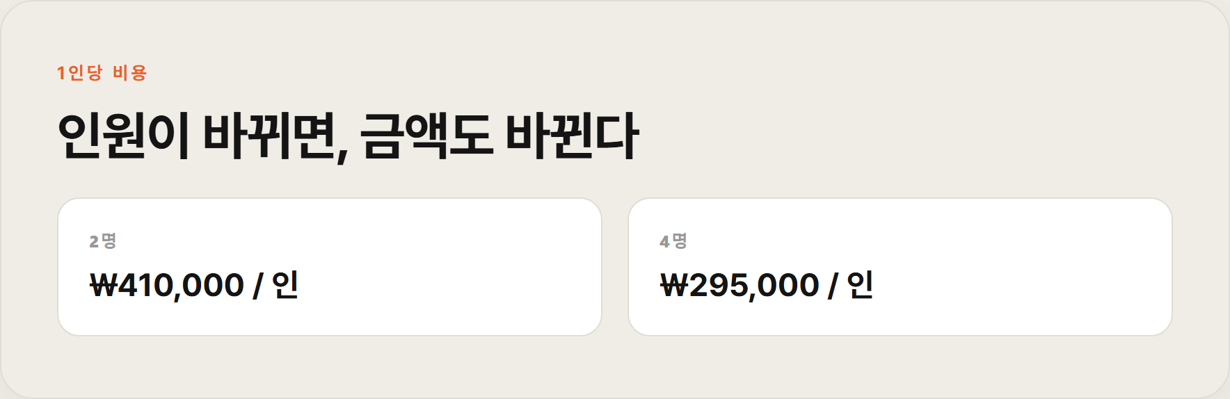 인원수를 바꾸면 1인당 금액이 바뀌는 모습