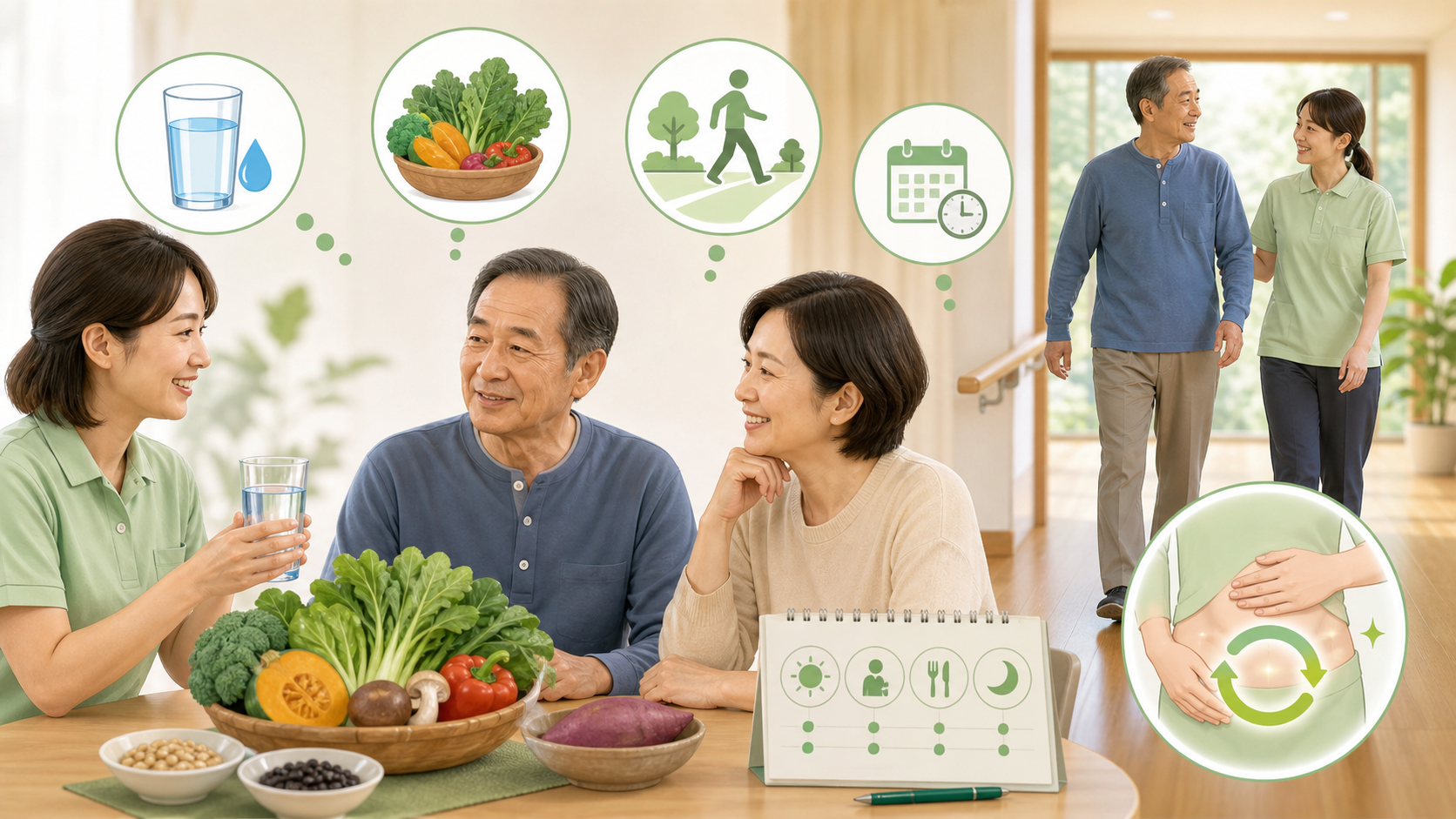 水分、食物繊維、歩行、生活リズムなどを、無理のない範囲で整えていきます。