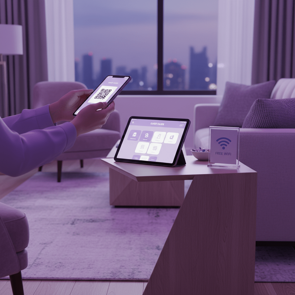 Guest scanning a QR code to join a direct booking loyalty list in a stylish rental