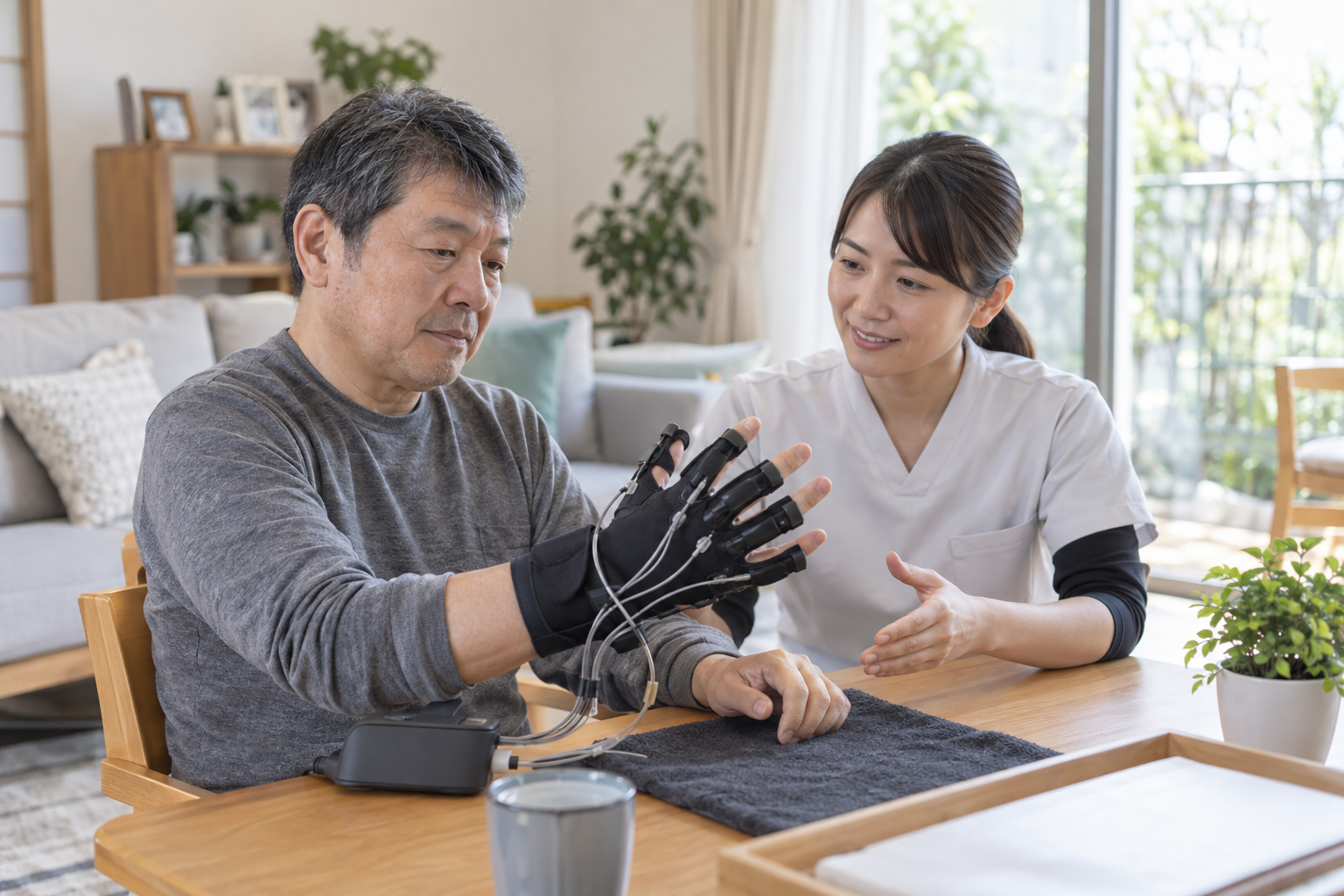 作業療法士の見守りでロボットグローブを使う脳卒中後の方