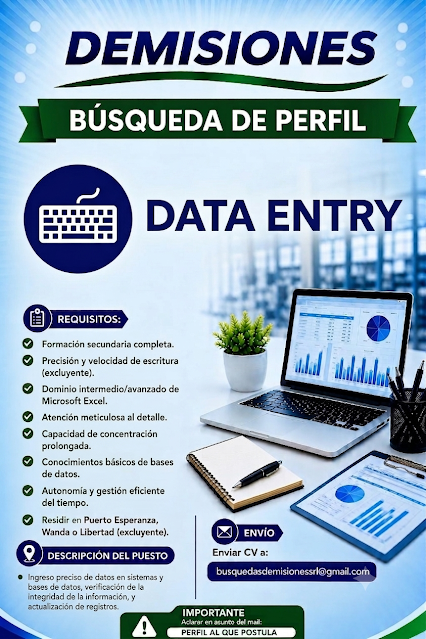 Se Busca Data Entry o Digitador de Datos en Puerto Esperanza, Wanda o Libertad.