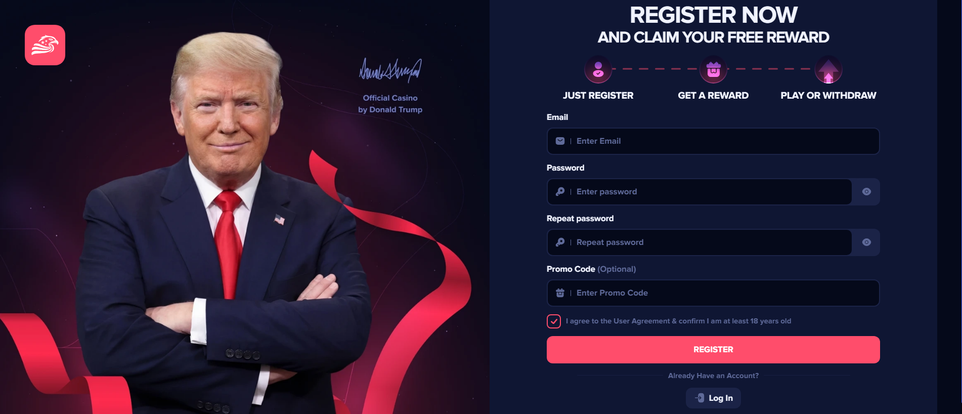 Forensic screenshot of trumpcasino.bet showing the phishing page layout