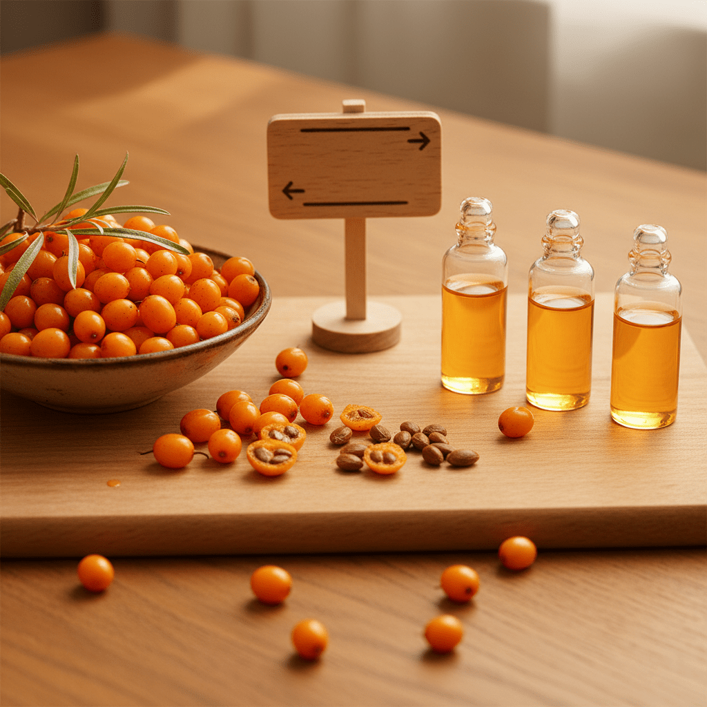 Bright orange sea buckthorn berries, whole fruit, seeds, and oil vials arranged like a nutrient comparison on a clean wooden surface