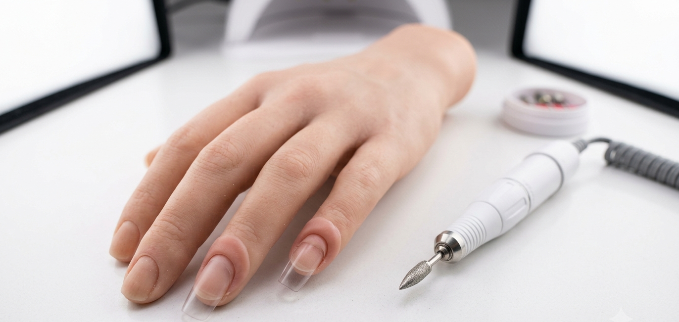 Silicone practice hand with practice tips and e-file with diamond flame bit