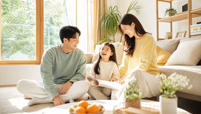 따뜻한 자연광 속에서 한국인 가족이 거실에서 함께 시간을 보내며 웃고 있는 모습