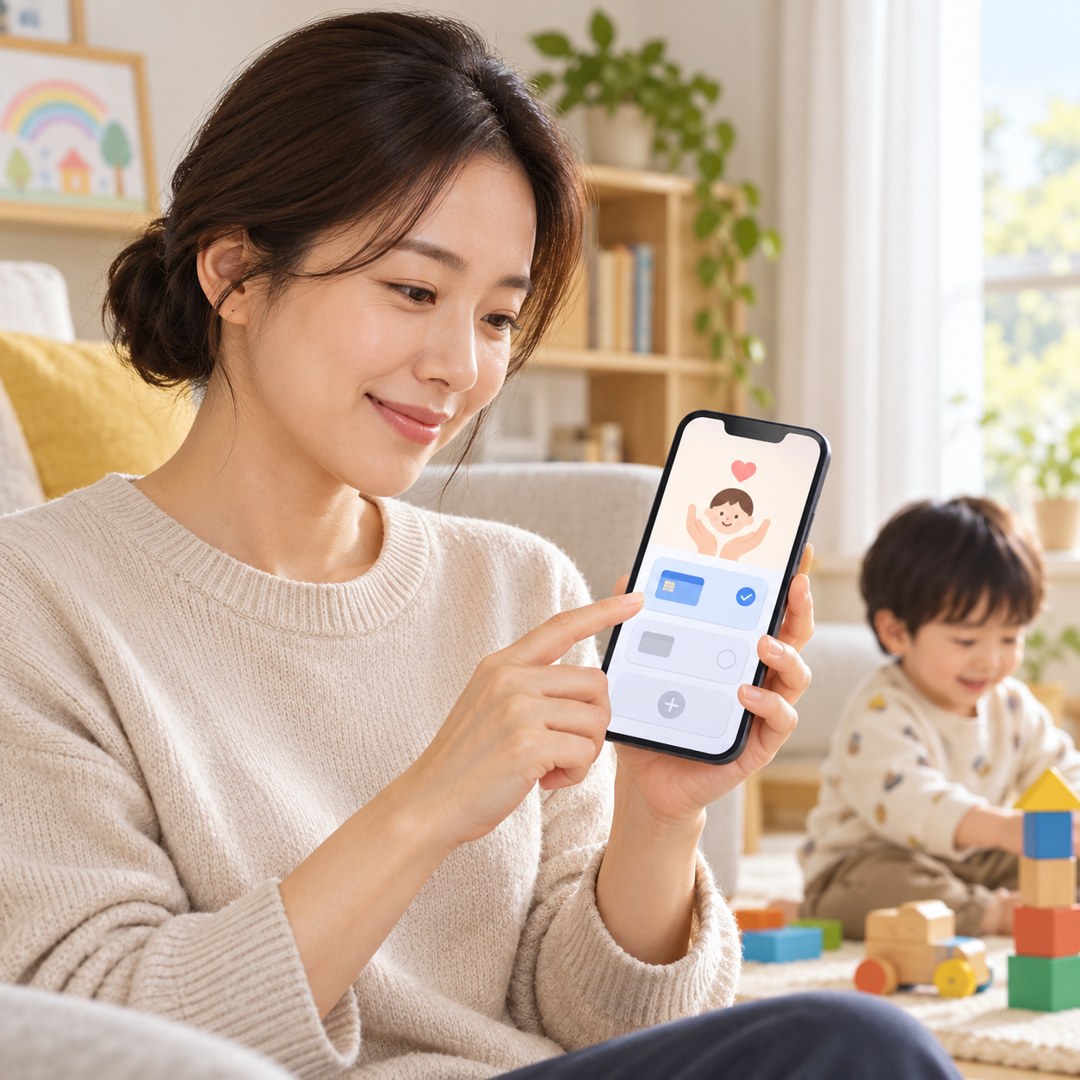 보호자가 스마트폰으로 아동수당 지급계좌 정보를 확인하는 장면을 표현한 AI 생성 이미지