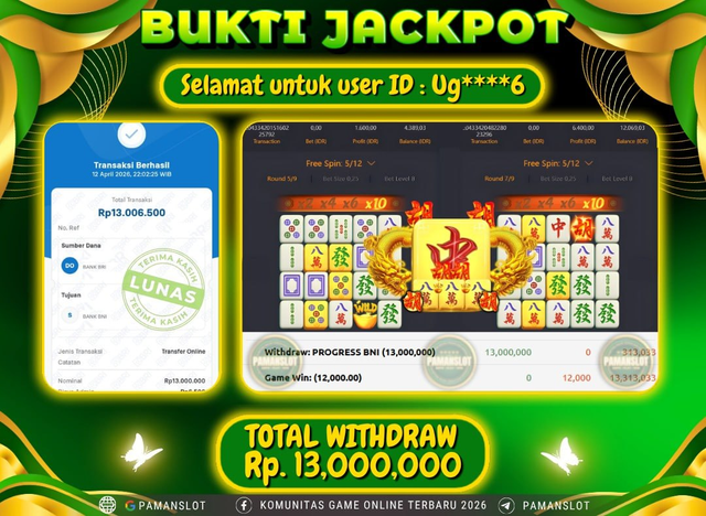 Selamat kepada Member PAMANSLOT PG - Mahjong Ways : UG****4