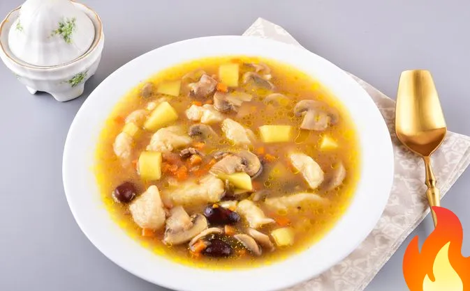 Постер Грибной суп с фасолью и чесночными галушками