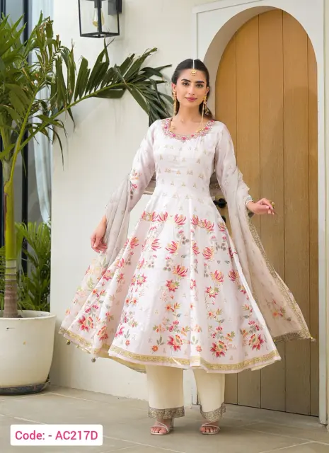 White color printed silk satin suit set