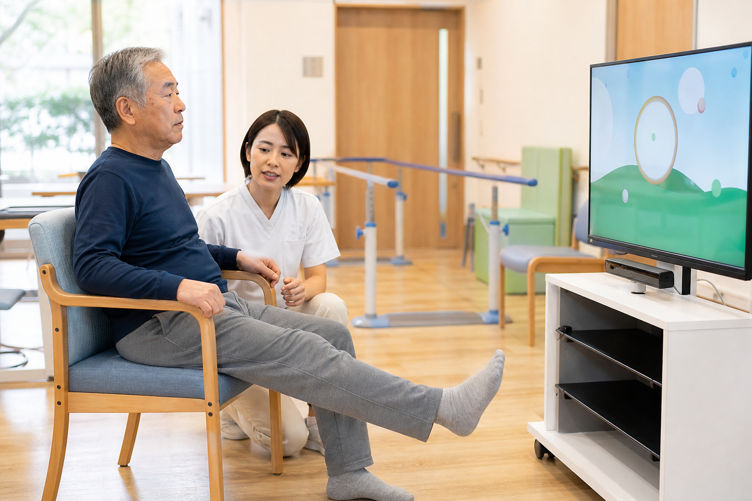 変形性膝関節症の方が座位で安全に膝のVR運動を行う場面