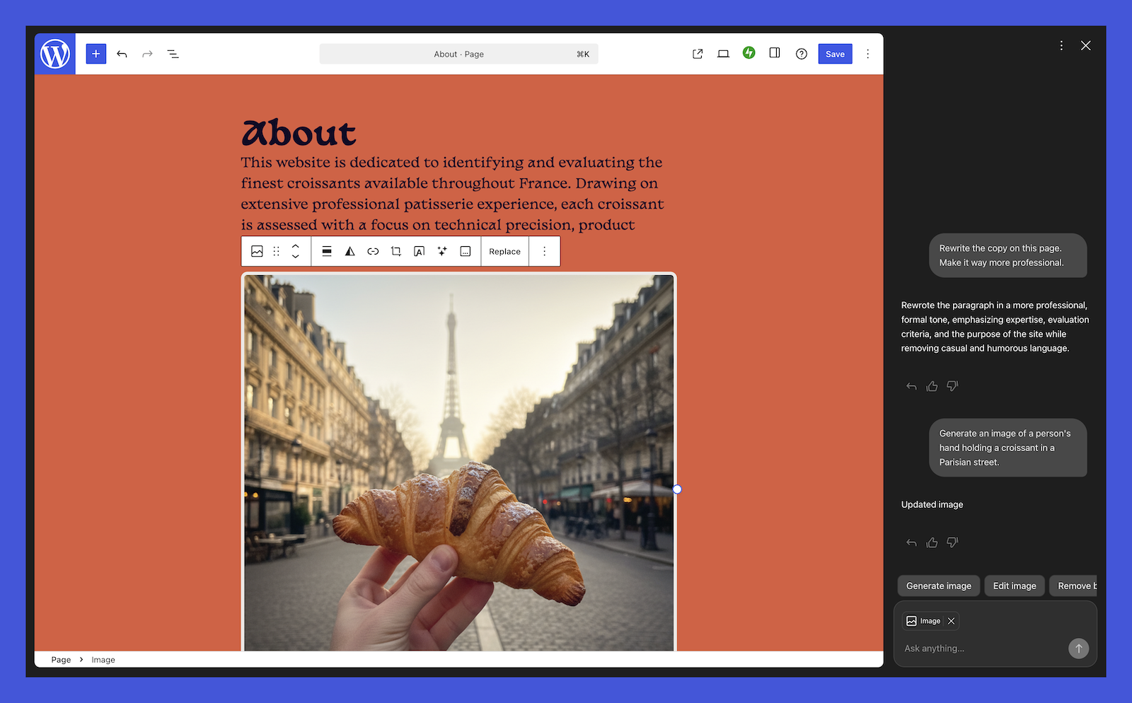WordPress.com AI Assistant — page editor with AI panel