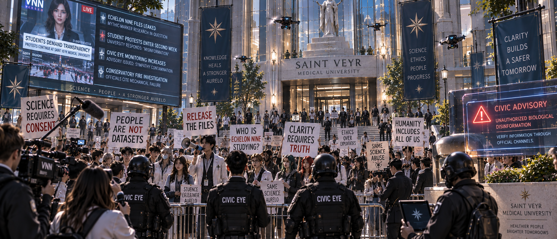 Human students protest outside Saint Veyr Medical University while Civic Eye officers and surveillance drones monitor the demonstration.