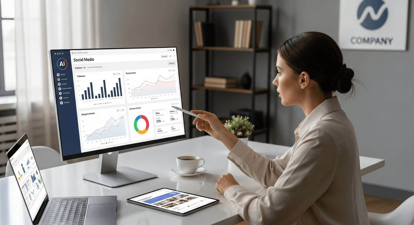 Business owner reviewing AI-powered social media and ad insights on a computer