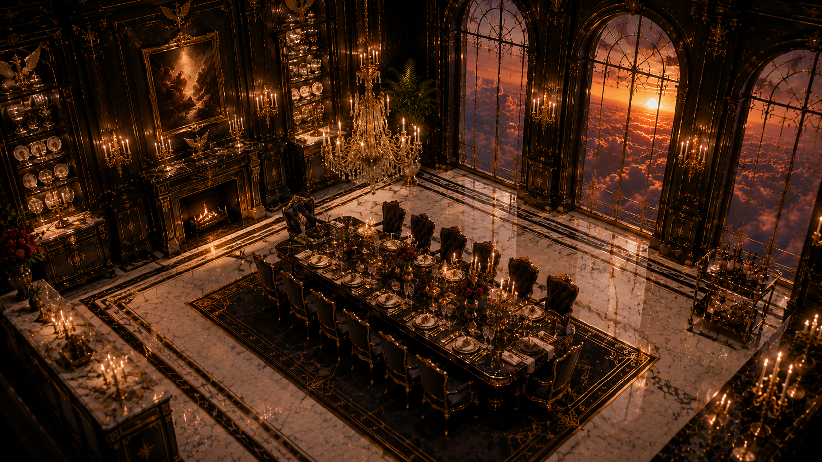 Guest Dining on floor one of Apollo's Skyward Residence, with a long black and gold dining table, chandeliers, candles, high windows, and sunset clouds