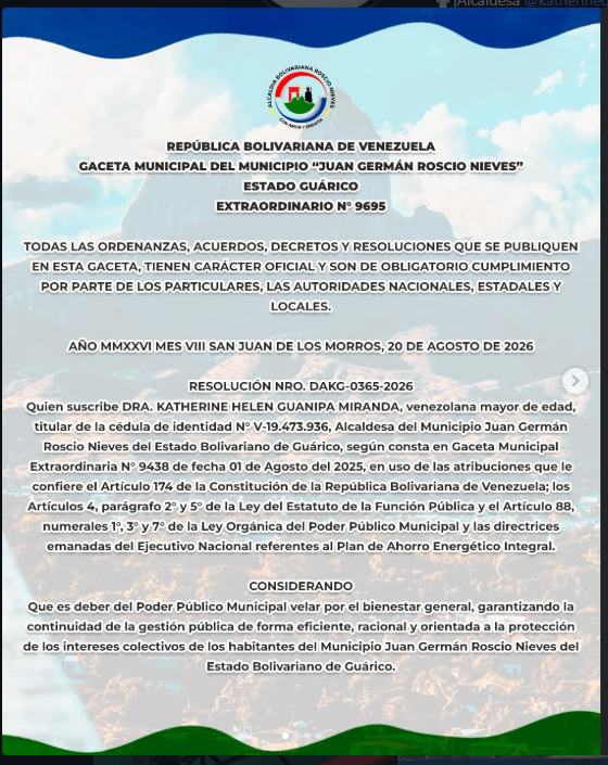 Por instrucciones de nuestra alcaldesa, la Dra. Katherine Guanipa, se emitió la Resolución Nro. DAKG-0365-2026 (Gaceta Municipal Extraordinaria N° 9695), mediante la cual se establece un Horario Especial de Atención al Público