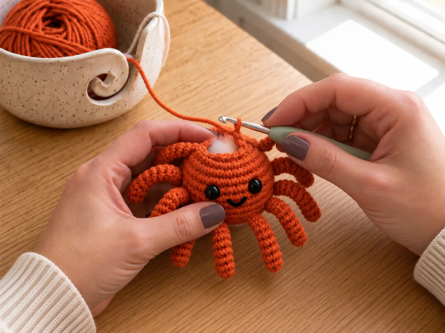 Stuff and close — Lightly stuff the spider and close the body neatly so it keeps a rounded shape.