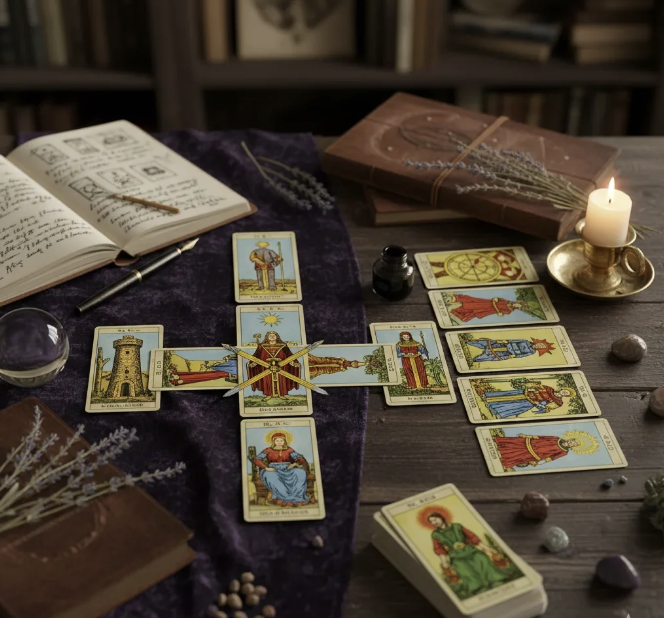 Tarot spread laid out for a daily reading with candle and notebook