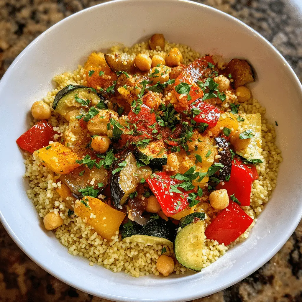 Bowl of fluffy couscous mixed with roasted zucchini, peppers, and chickpeas, garnished with fresh herbs.