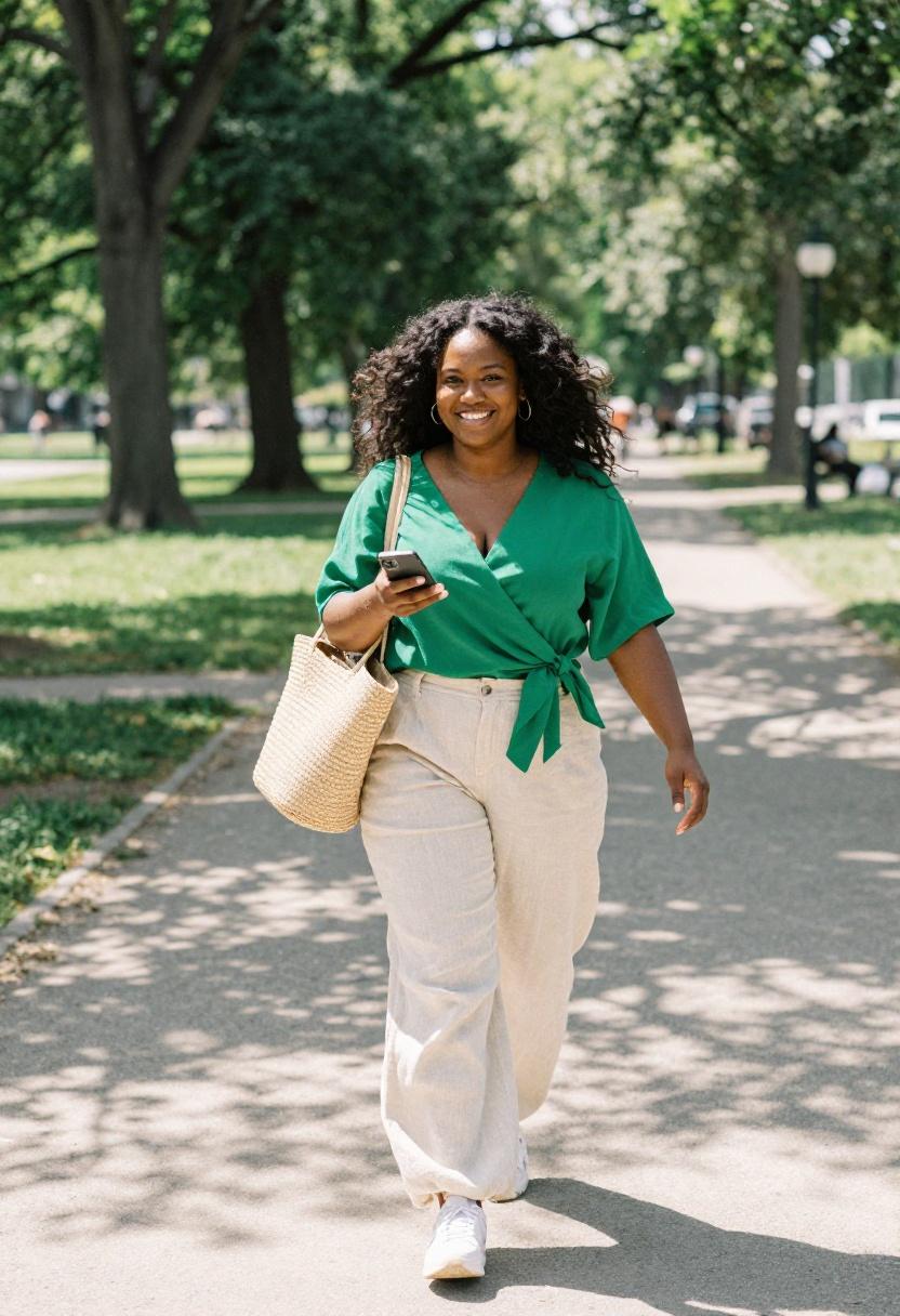 Emerald green wrap blouse with high-waisted ivory linen trousers for spring work style