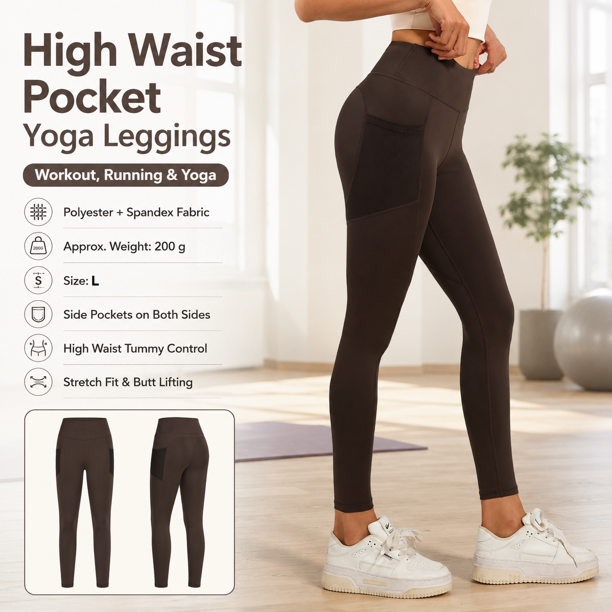 Coffee-colored L Size Women's High Waist Yoga Leggings with Mesh Side Pockets - Squat Proof, Peach Hip Lift, Breathable Stretch Fabric for Gym Running 、Pilates Wea and Daily Wear
