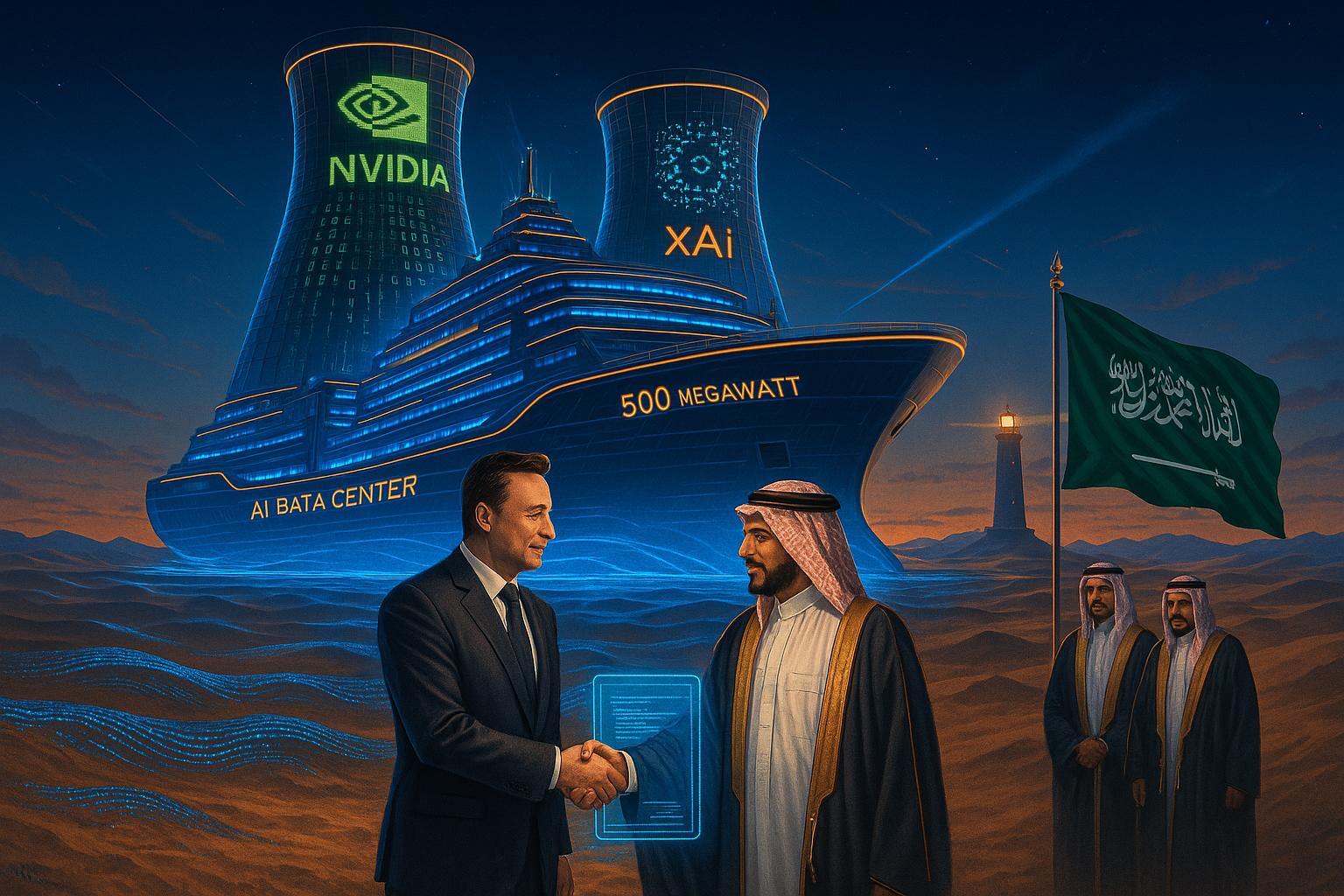 Conceptual image of a large AI data center powered by advanced technology in a desert landscape