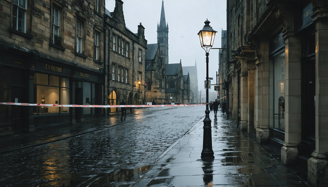 A quiet English cathedral town square at dusk, wet cobblestones, a single police cordon tape strung between lampposts, no people visible.