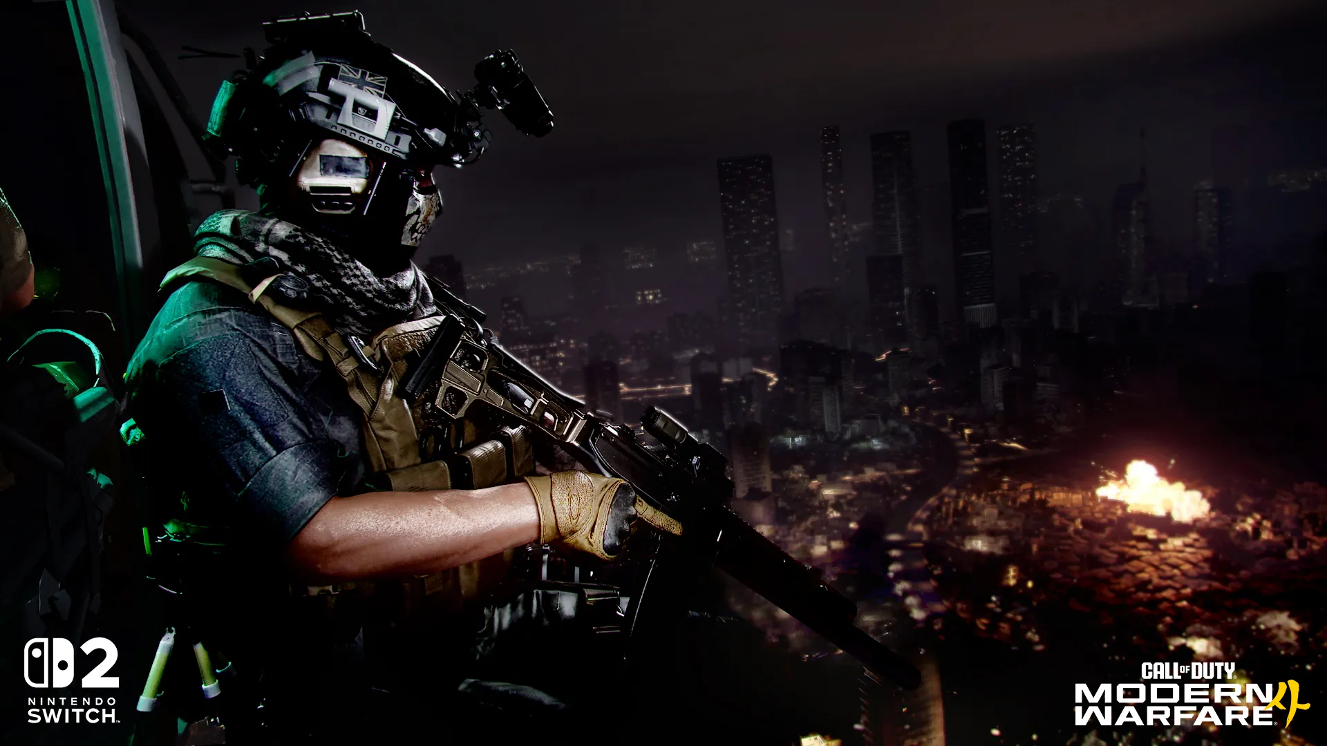 An armed soldier in tactical gear overlooks a burning city at night.