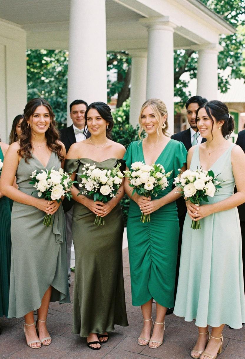 Bridesmaid party showcasing every shade of green from sage to kelly, proving mixed tones create striking visual harmony