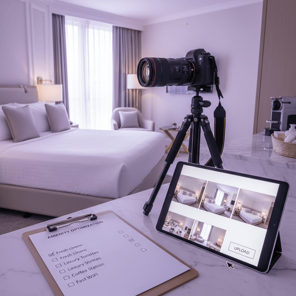 Bright hotel listing optimization setup with photos, camera, tablet, and amenities checklist in a suite