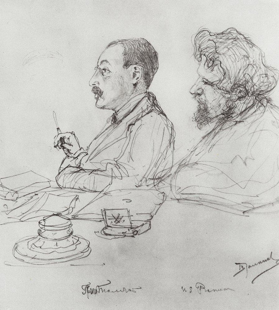 Гр И И Толстой и И Е Репин на заседании в Академии художеств 1885