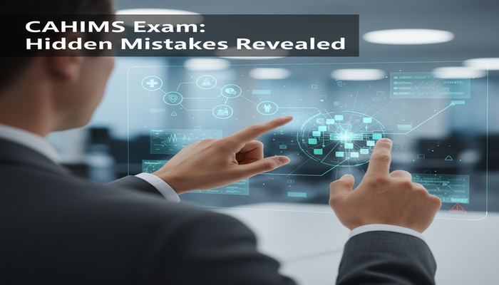 CAHIMS Exam: Hidden Mistakes Revealed Professional's hands interacting with a holographic display of interconnected healthcare information systems, which contains subtle, almost invisible digital errors. The image visualizes hidden mistakes jeopardizing the HIMSS CAHIMS exam pass, with the title 'CAHIMS Exam: Hidden Mistakes Revealed' clearly visible.