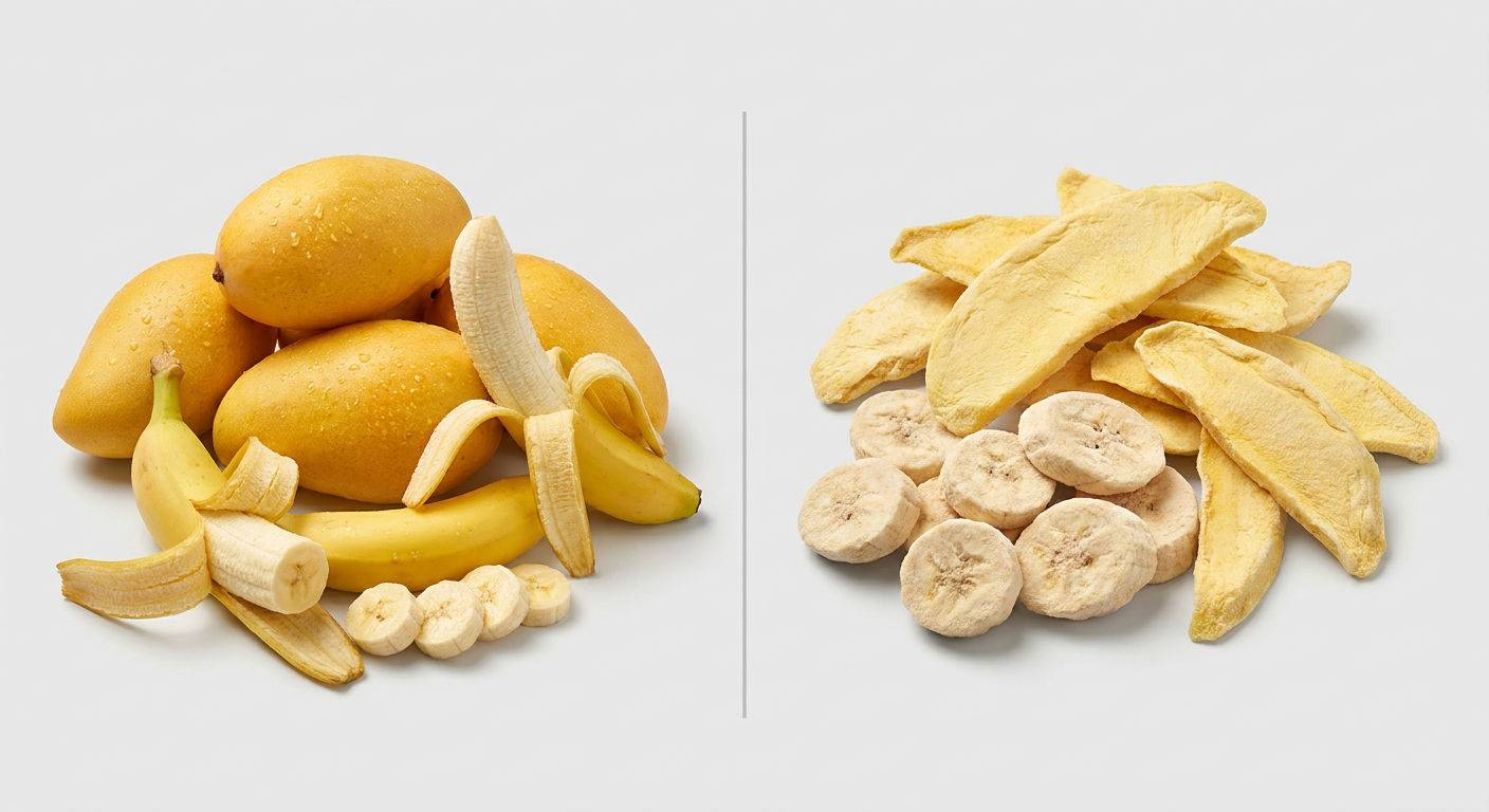 Swieze i liofilizowane mango i banany porownanie.