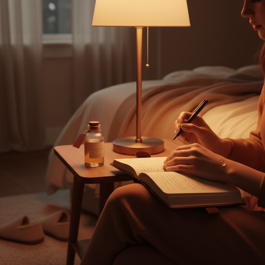 Bedtime self-care with calming oil and journaling