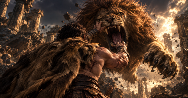 Hercules Faces the Roaring Lion, a Greek mythology desktop wallpaper