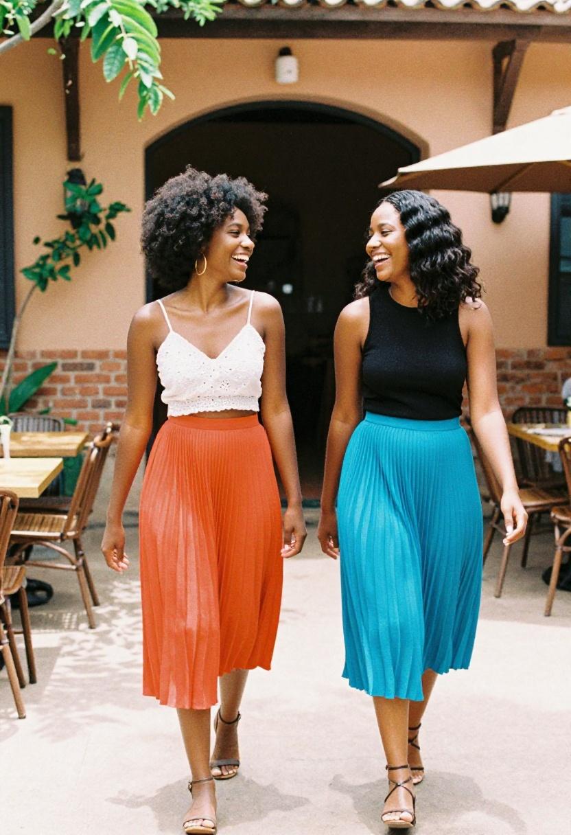 Tangerine and turquoise pleated midi skirts on two friends laughing, spring outfit duo