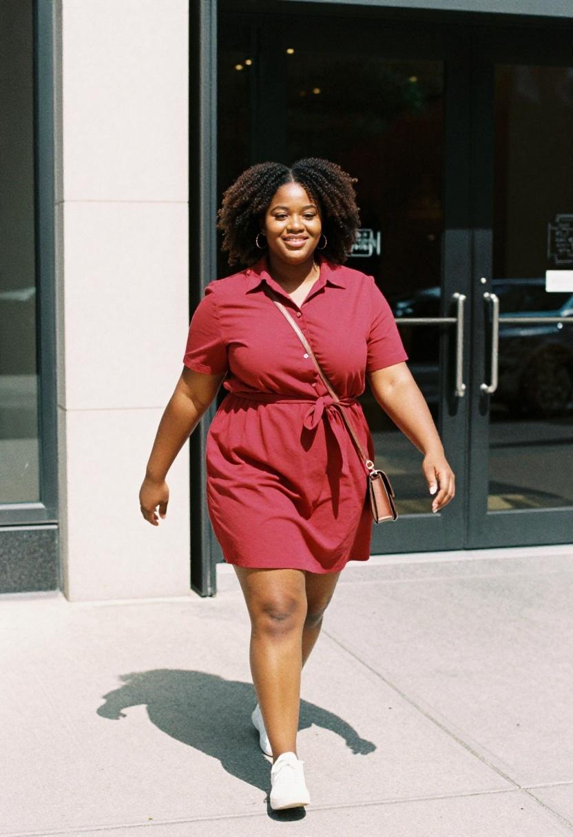 Belted cherry red shirt dress for curvy women as bold spring date night look