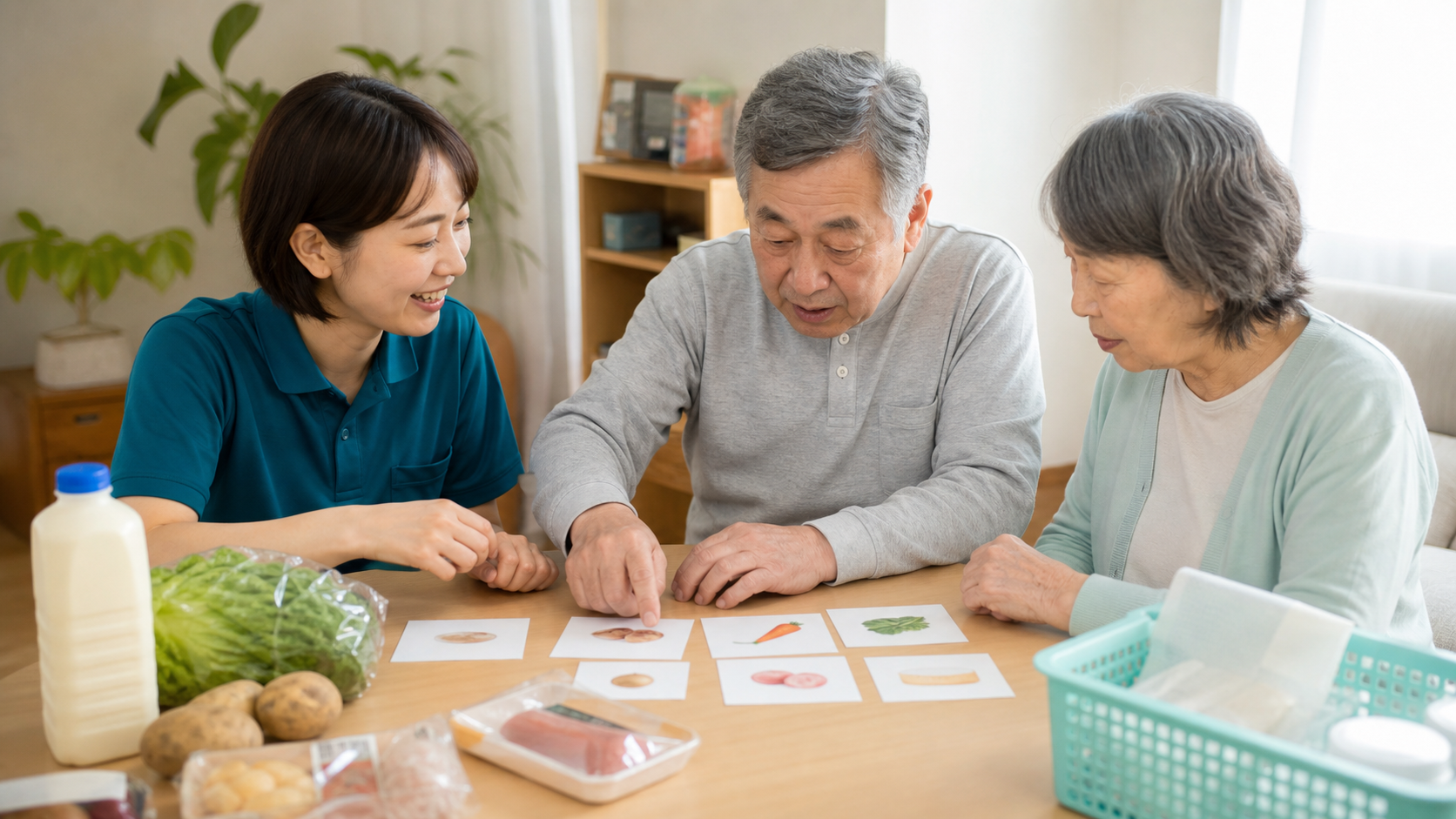 本人・家族・専門職が買い物の手順を一緒に整理する場面