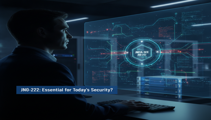 JN0-232: Essential for Today's Security? A network security engineer evaluating the relevance of the JNCIA-SEC JN0-232 certification on a dynamic holographic display in a modern Security Operations Center (SOC), with cyber threat data in the background.